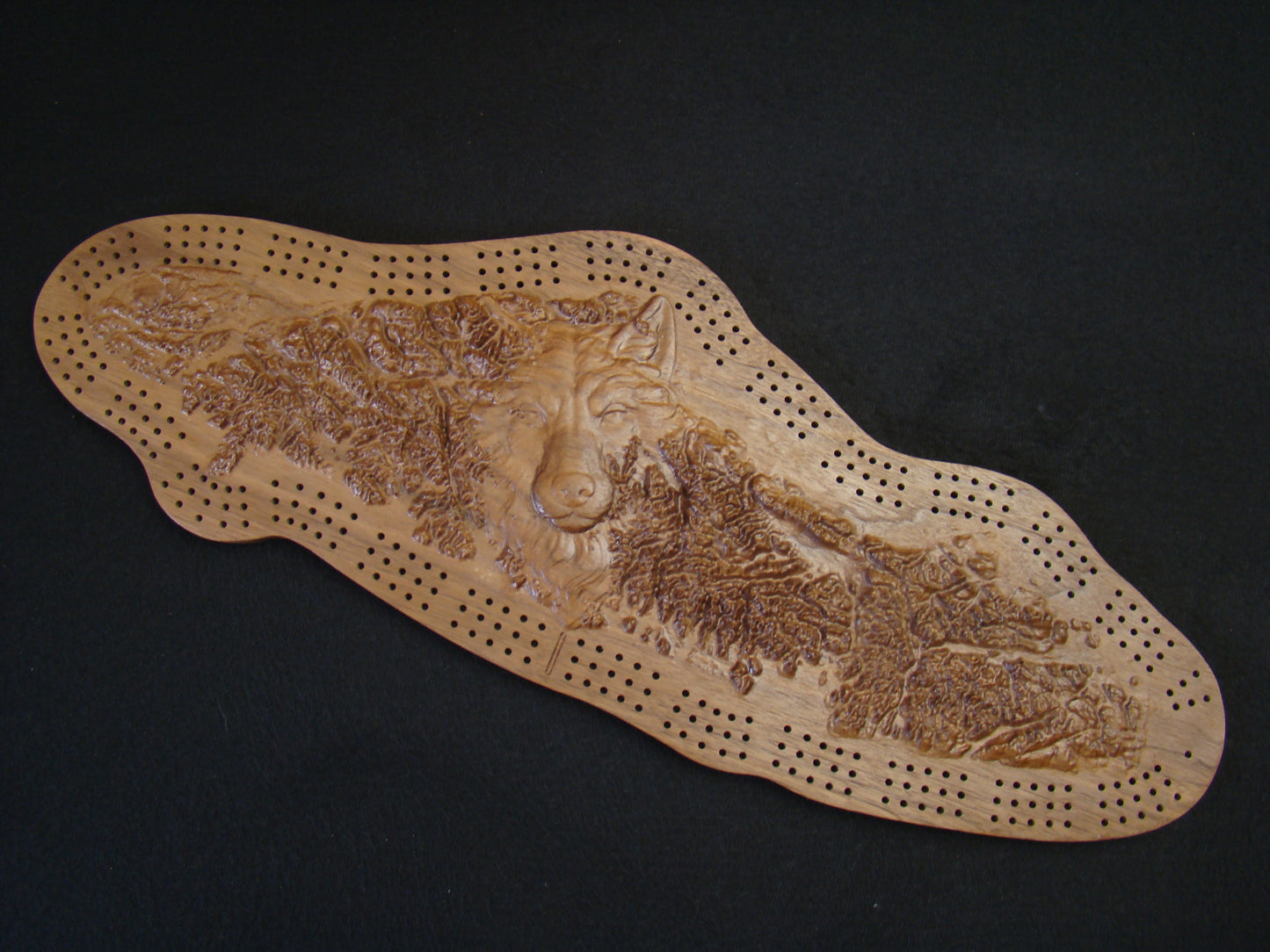 Wolf Island - 3D Relief Cribbage Board - Black Walnut - 22"