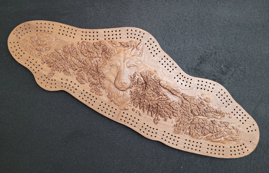 Wolf Island - 3D Relief Cribbage Board - Black Walnut - 22"